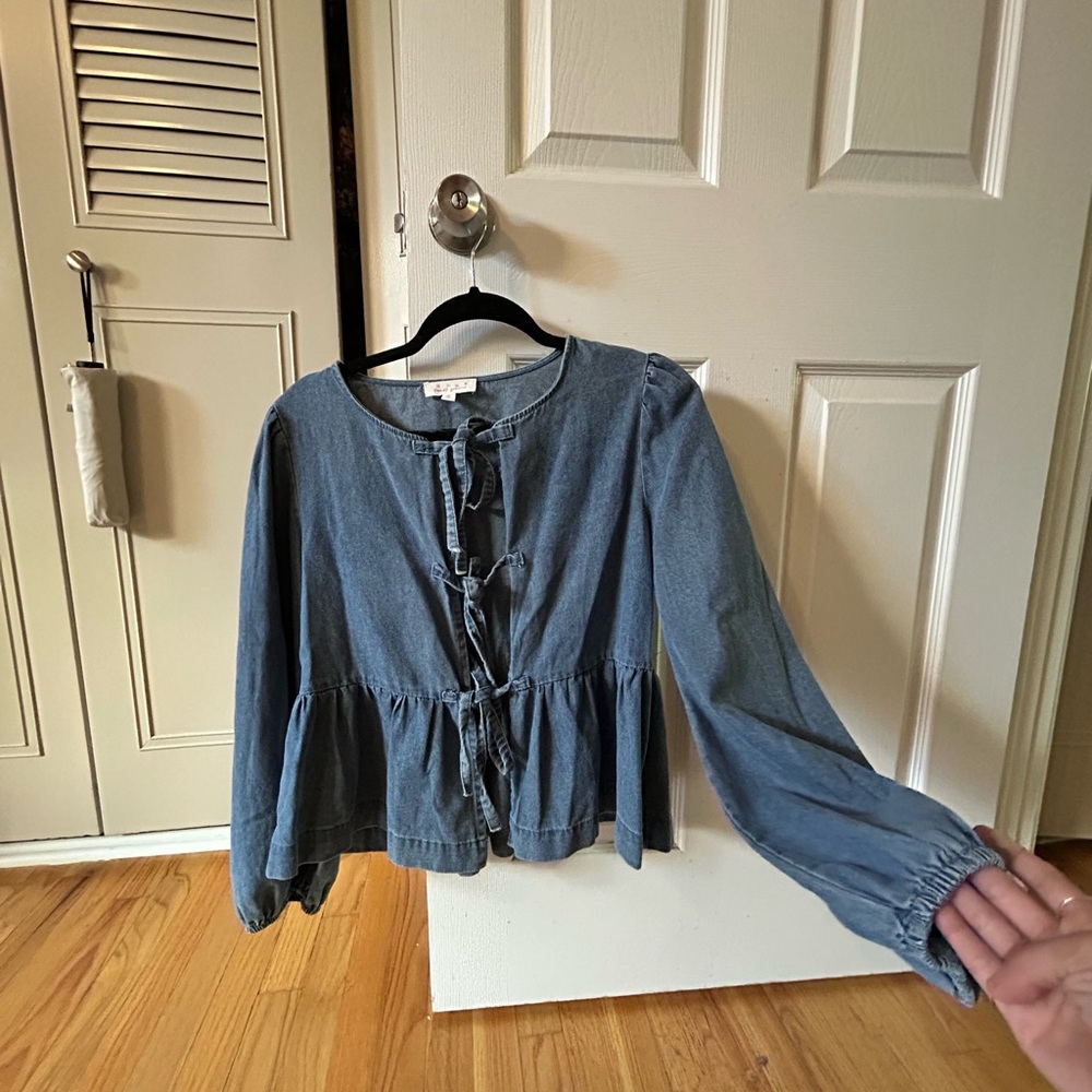 Elegant Blue Denim Blouse with Bow Accents